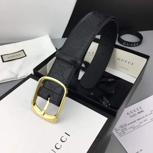 Gucci Ophidia Black Gold Embossed GG Monogram Rectangular Buckle Leather Belt 4