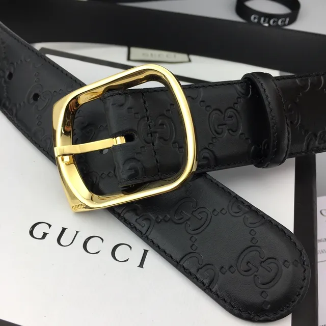 Gucci Ophidia Black Gold Embossed GG Monogram Rectangular Buckle Leather Belt 5