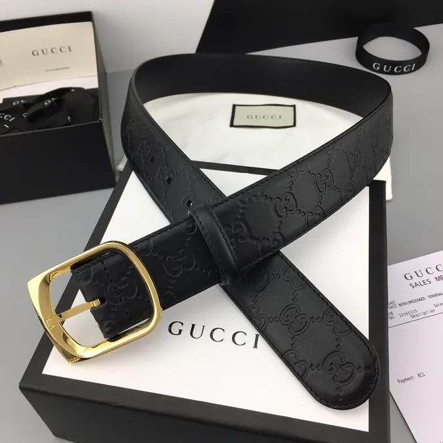 Gucci Ophidia Black Gold Embossed GG Monogram Rectangular Buckle Leather Belt 6