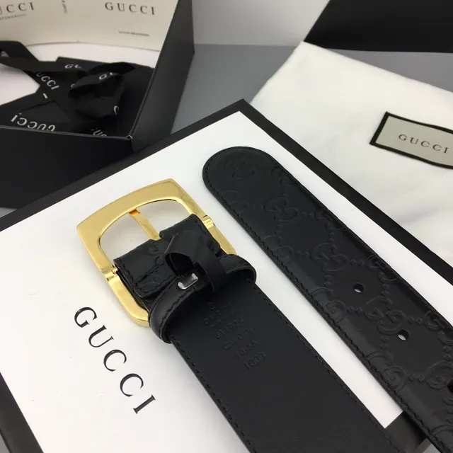 Gucci Ophidia Black Gold Embossed GG Monogram Rectangular Buckle Leather Belt 8