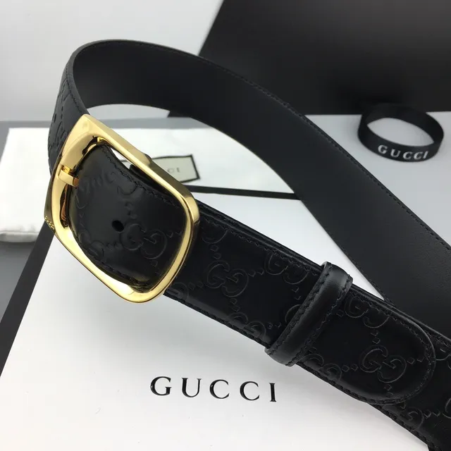 Gucci Ophidia Black Gold Embossed GG Monogram Rectangular Buckle Leather Belt 9