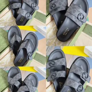 Gucci Ophidia काली ग्रे डबल स्ट्रैप स्लाइड GG Monogram कैनवास सैंडल
