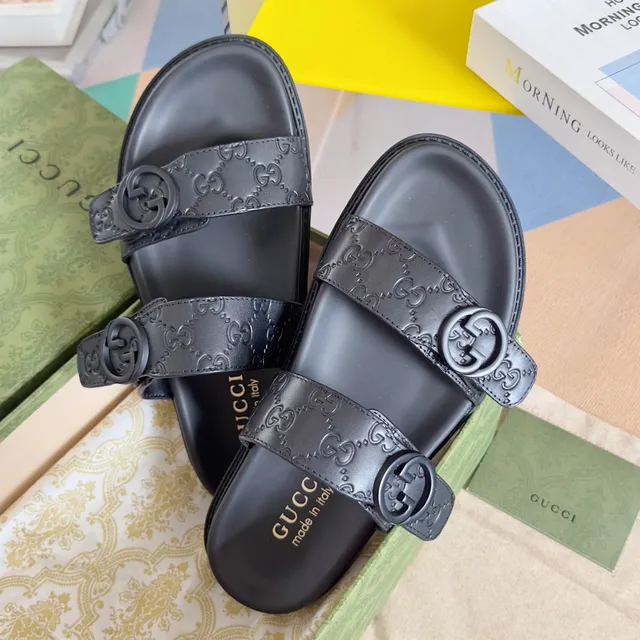 Gucci Ophidia Black Gray Double-Strap Slide GG Monogram Canvas Sandals 4
