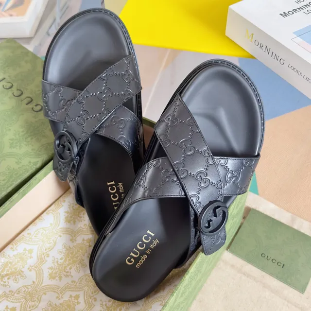 Gucci Ophidia Black Gray Double-Strap Slide GG Monogram Canvas Sandals 6