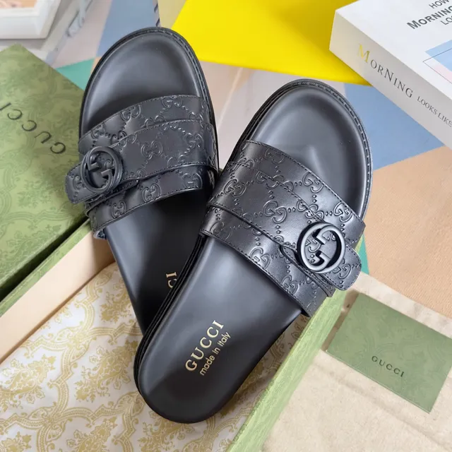 Gucci Ophidia Black Gray Double-Strap Slide GG Monogram Canvas Sandals 8