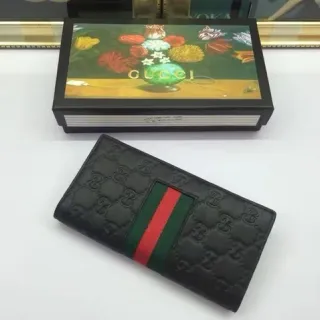 Gucci Ophidia Black Green Embossed GG Monogram Web Stripe Detail Long Wallet
