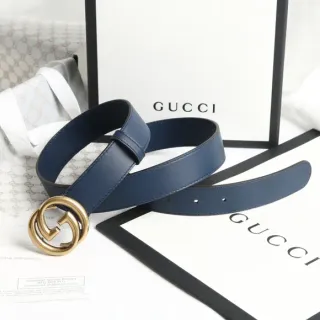 Gucci Ophidia Blue Gold Interlocking Double G Buckle Smooth Full-Grain Leather Belt