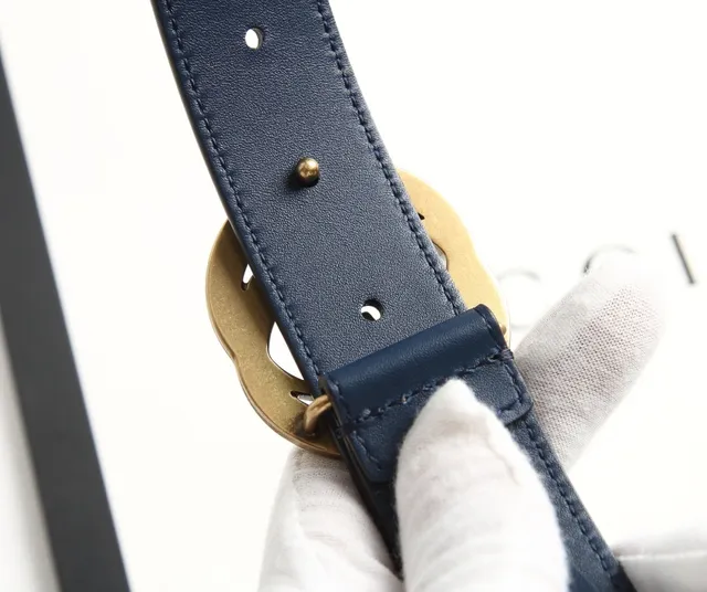 Gucci Ophidia Cinto de couro de grão completo liso com fivela dupla G azul dourado interligada 3