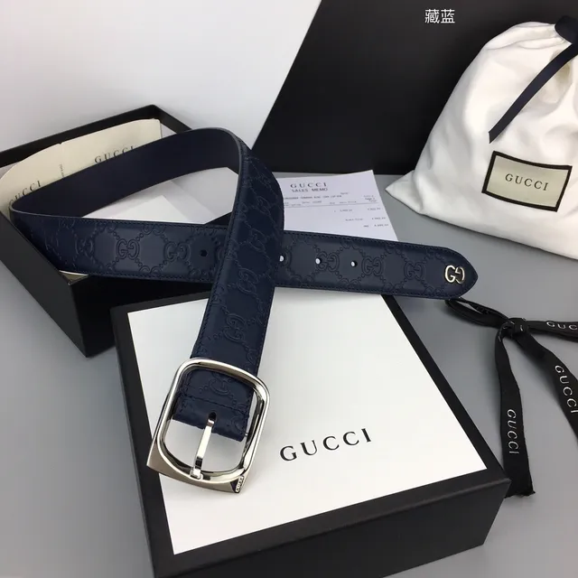 Gucci Ophidia Embossed GG Navy Blue Leather Belt 4