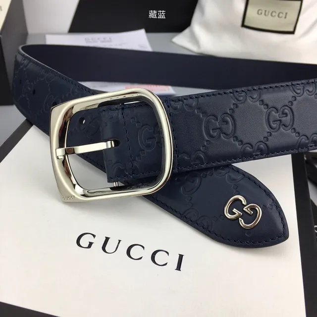 Gucci Ophidia Embossed GG Navy Blue Leather Belt 5