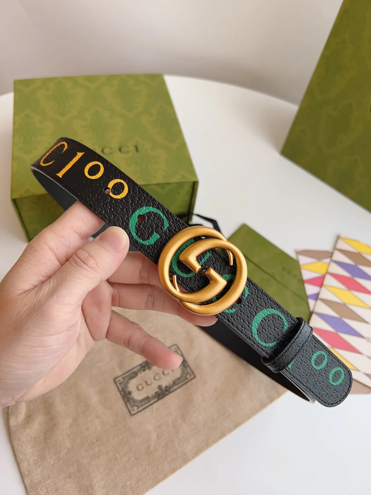Gucci Ophidia Multicolor Logo-Print Black Leather Belt 2