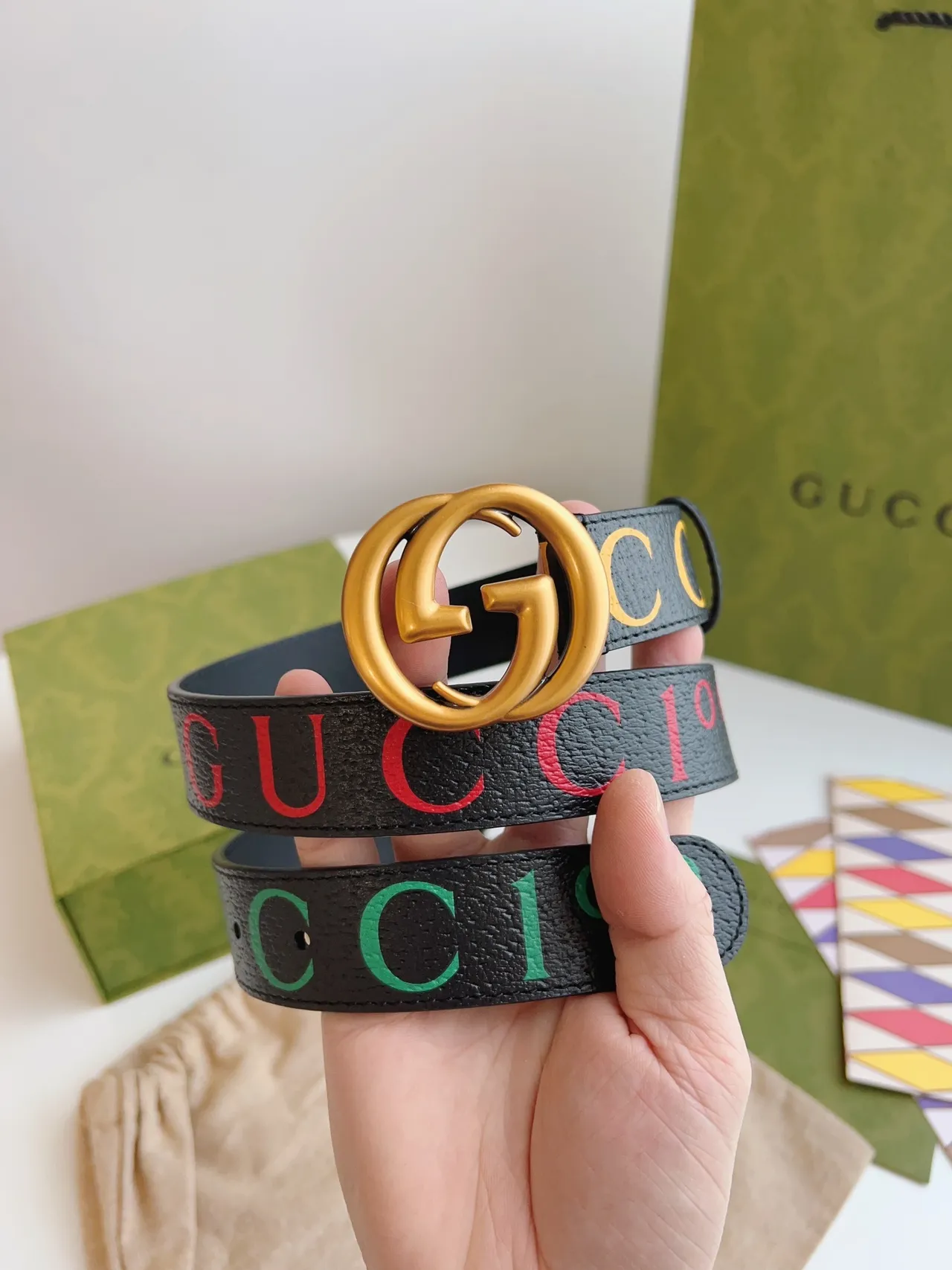 Gucci Ophidia Multicolor Logo-Print Black Leather Belt 3