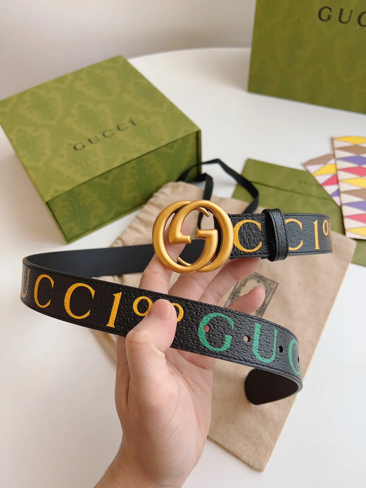 Gucci Ophidia Multicolor Logo-Print Black Leather Belt 4