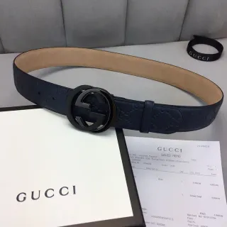 Gucci Ophidia Navy Beige Embossed GG Monogram Interlocking G Buckle Leather Belt