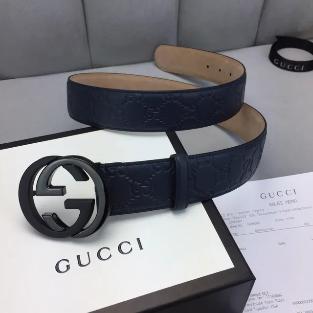 Gucci Ophidia Navy Beige Embossed GG Monogram Interlocking G Buckle Leather Belt 2