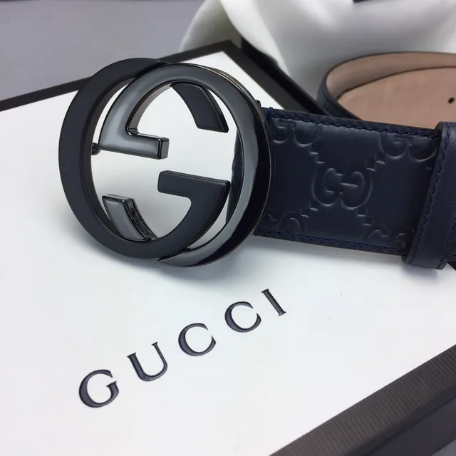 Gucci Ophidia Navy Beige Embossed GG Monogram Interlocking G Buckle Leather Belt 3