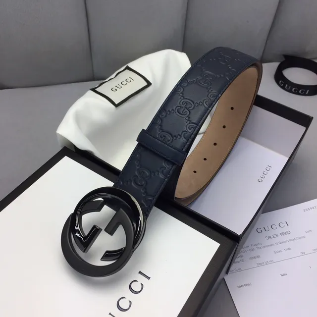 Gucci Ophidia Navy Beige Embossed GG Monogram Interlocking G Buckle Leather Belt 4