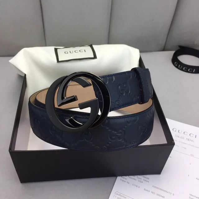Gucci Ophidia Navy Beige Embossed GG Monogram Interlocking G Buckle Leather Belt 5