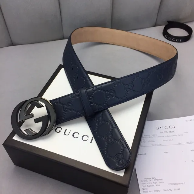Gucci Ophidia Navy Beige Embossed GG Monogram Interlocking G Buckle Leather Belt 6
