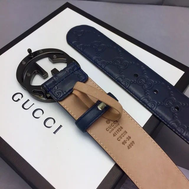 Gucci Ophidia Navy Beige Embossed GG Monogram Interlocking G Buckle Leather Belt 8