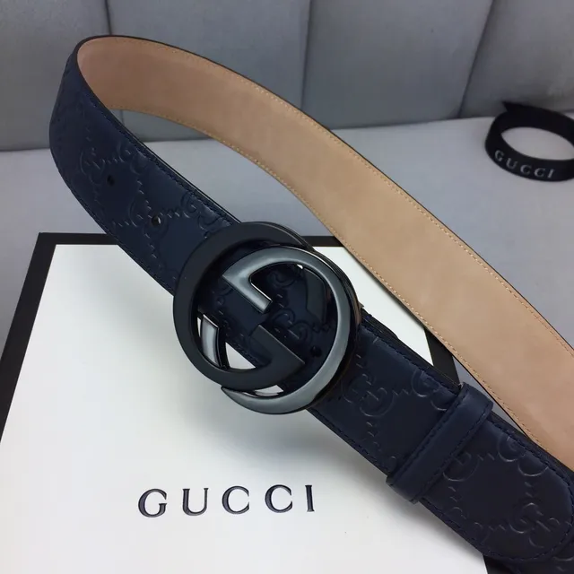 Gucci Ophidia Navy Beige Embossed GG Monogram Interlocking G Buckle Leather Belt 9