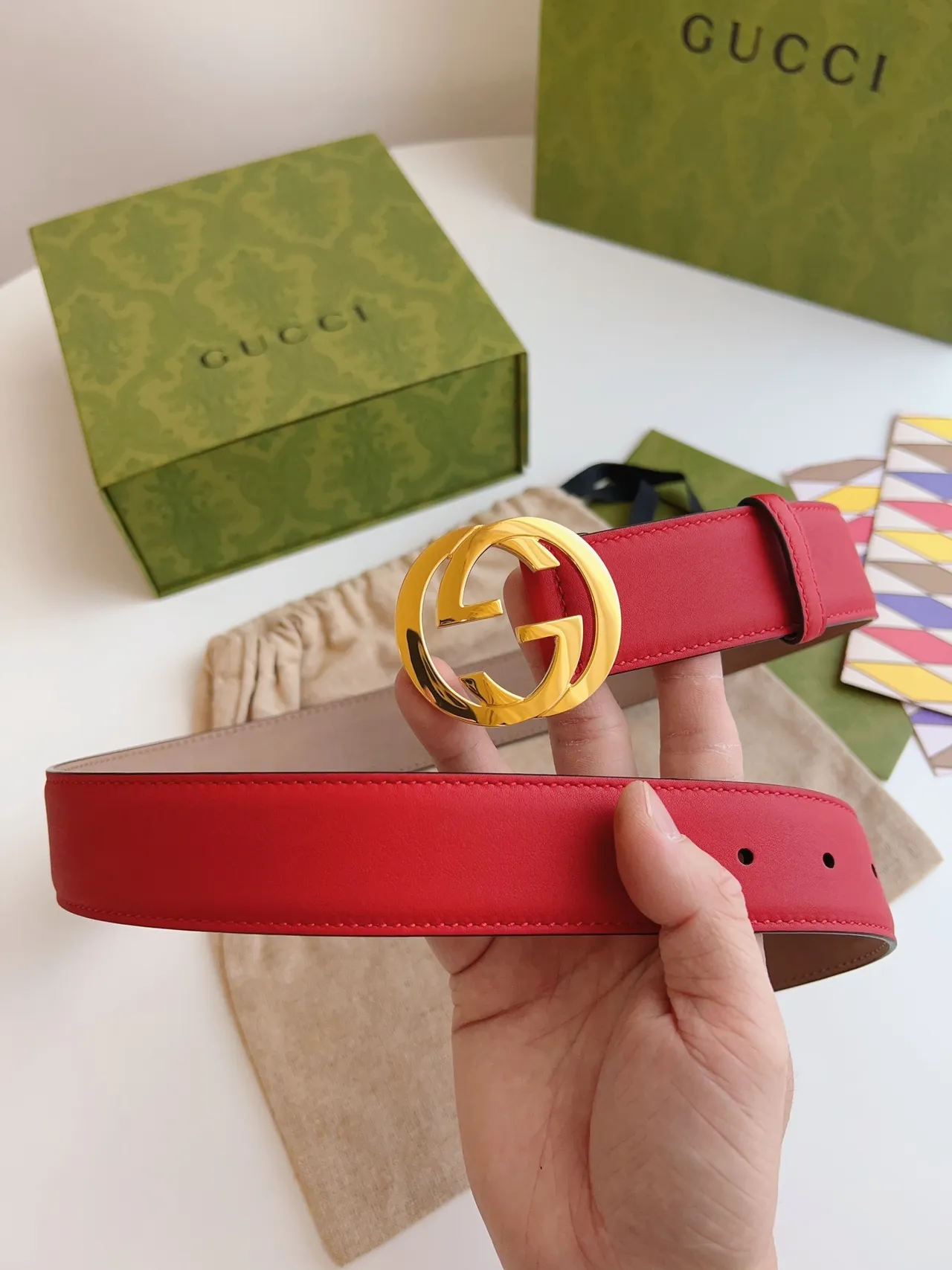 Gucci Ophidia Red and Beige Leather Belt 4