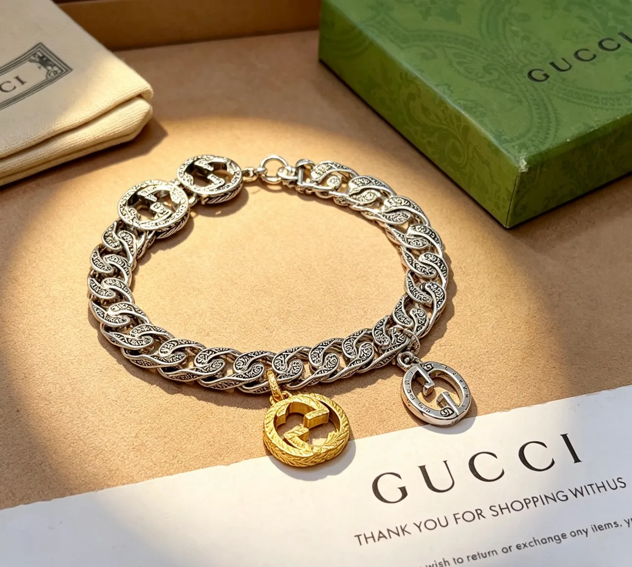 Gucci Ornate Curb-Link Double-G Charm Bracelet 6