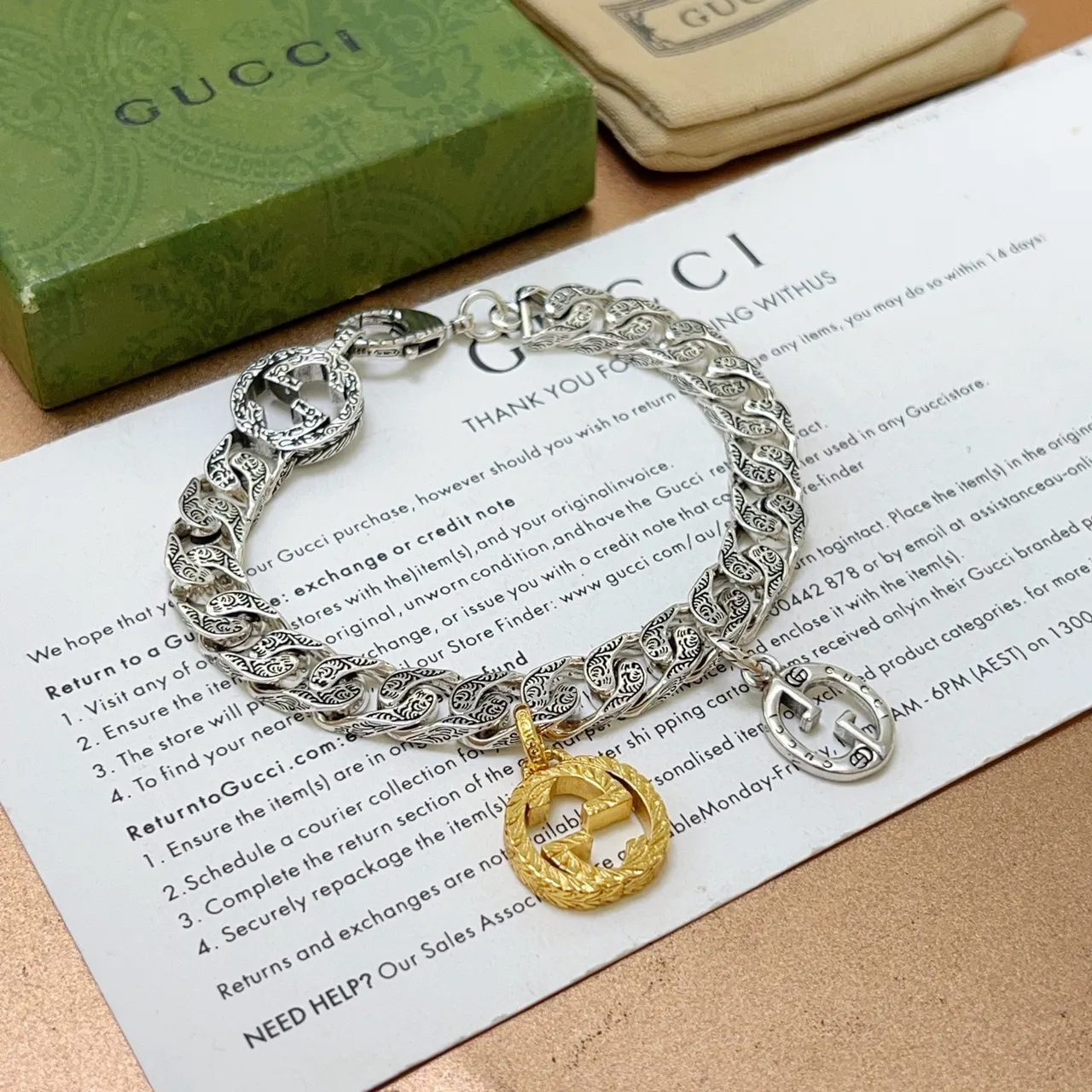 Gucci Ornate Curb-Link Double-G Charm Bracelet 7