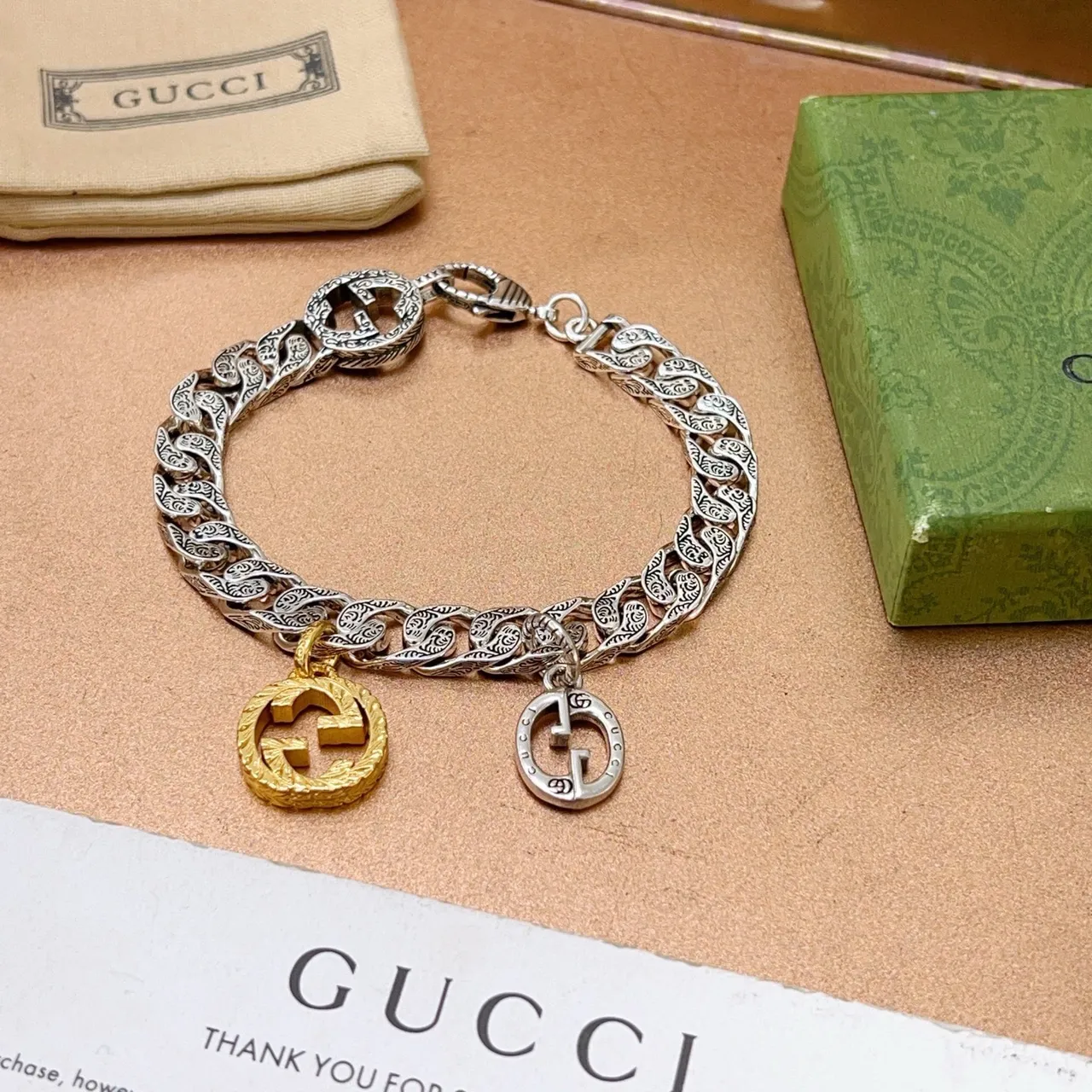 Gucci Ornate Curb-Link Double-G Charm Bracelet 9
