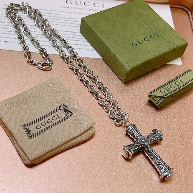 Gucci Ornate Filigree Cross Pendant Silver Necklace 4