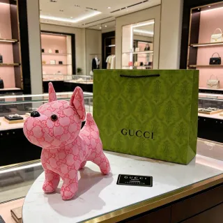 Gucci Bolso de Mano Rosa y Negro con Silueta de Bulldog Peluche GG Monograma de Tela Jacquard