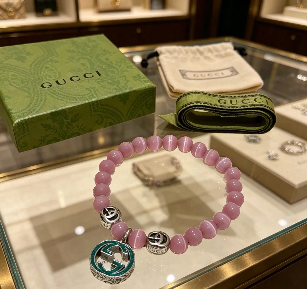 Gucci Pink Green Beaded Cat's-Eye Stone Bracelet 2
