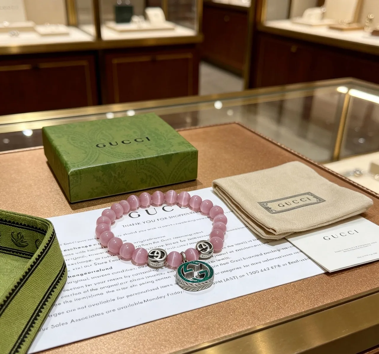 Gucci Pink Green Beaded Cat's-Eye Stone Bracelet 9