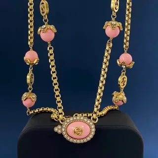 Gucci Pink Resin and Gold-Tone Interlocking G Necklace