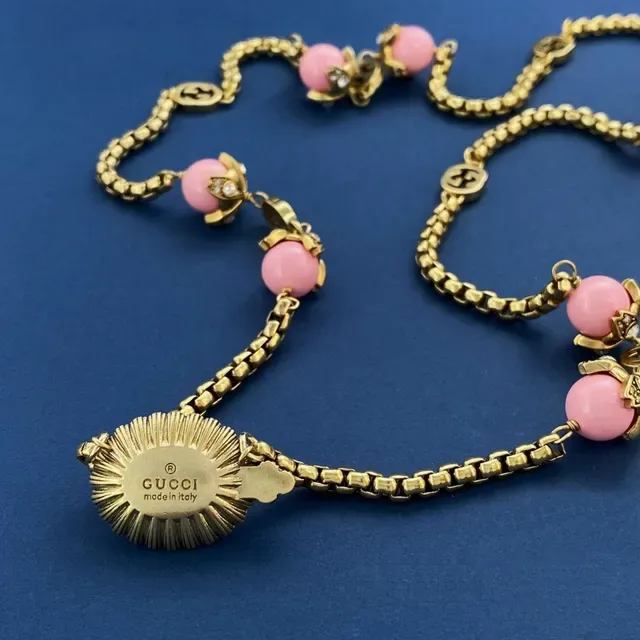 Gucci Pink Resin and Gold-Tone Interlocking G Necklace 3