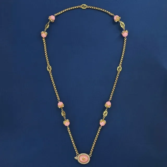 Gucci Pink Resin and Gold-Tone Interlocking G Necklace 4
