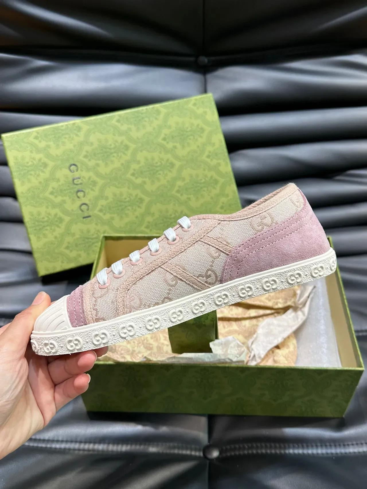 Gucci Pink White Canvas Upper Ribbed Rubber Toe Cap Lifestyle Sneakers 4