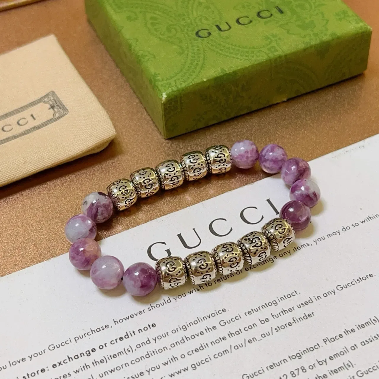 Gucci Purple Gold Beaded Marbled Stone Bracelet 3