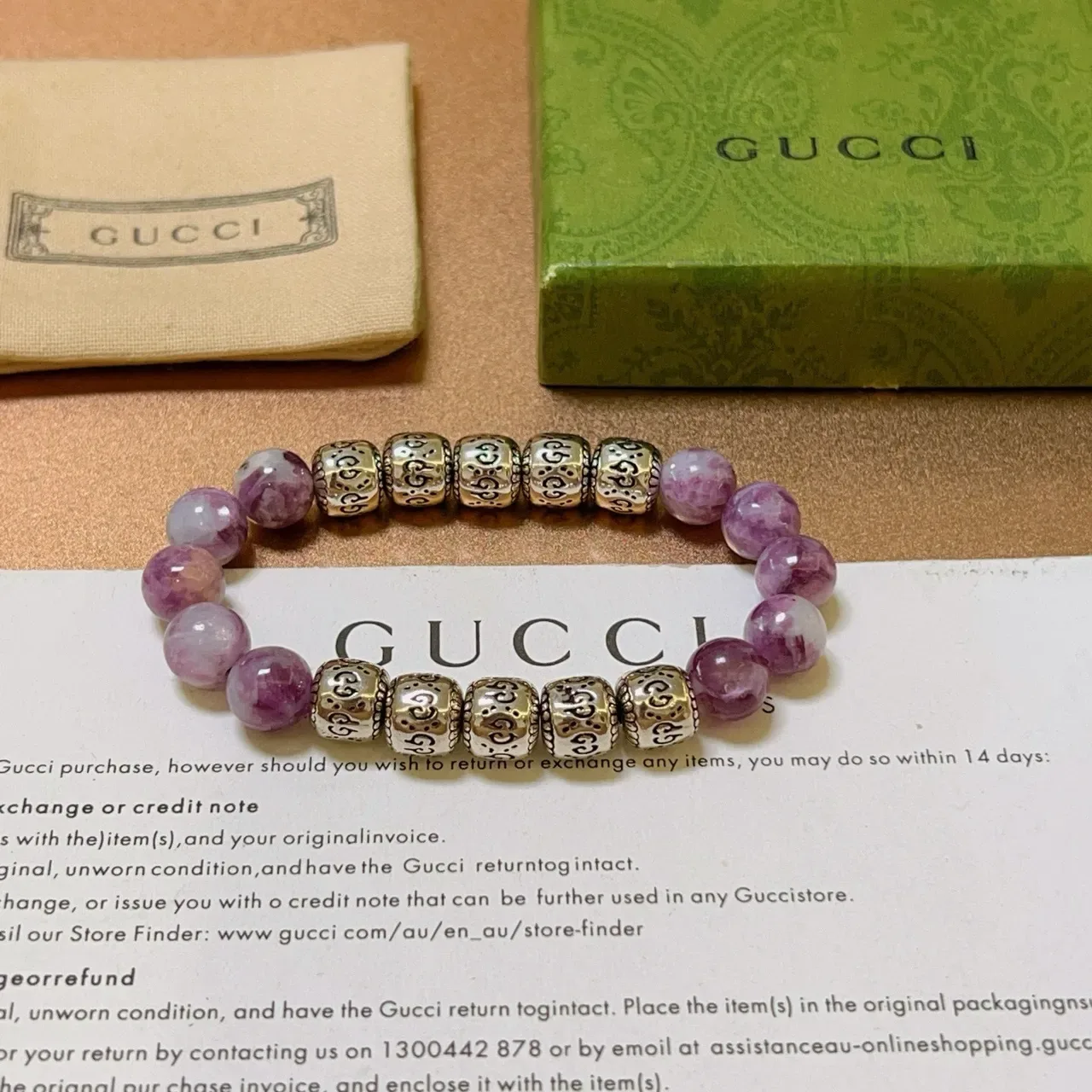 Gucci Purple Gold Beaded Marbled Stone Bracelet 5