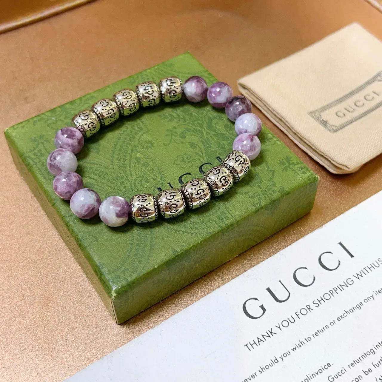 Gucci Purple Gold Beaded Marbled Stone Bracelet 6