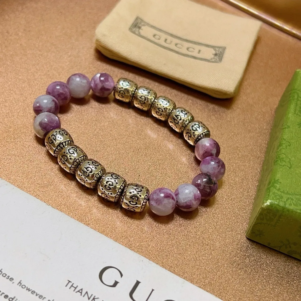 Gucci Purple Gold Beaded Marbled Stone Bracelet 8