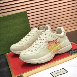 Gucci Rhyton حذاء رياضي كاجوال سميك بيج أصفر قاع طباعة نمر