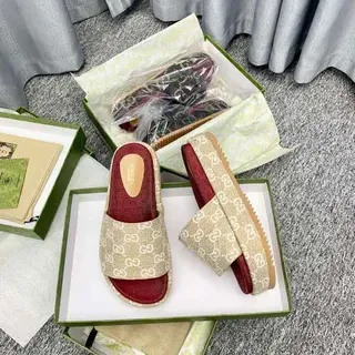 Gucci Screener Beige and Red GG Monogram Slippers