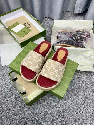 Gucci Screener Beige and Red GG Monogram Slippers 2