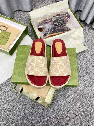 Gucci Screener Beige and Red GG Monogram Slippers 4