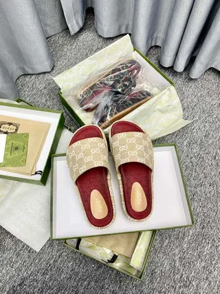 Gucci Screener Beige and Red GG Monogram Slippers 5
