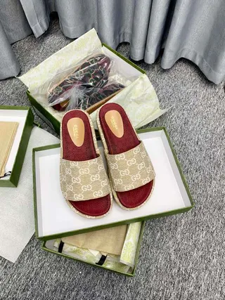 Gucci Screener Beige and Red GG Monogram Slippers 8