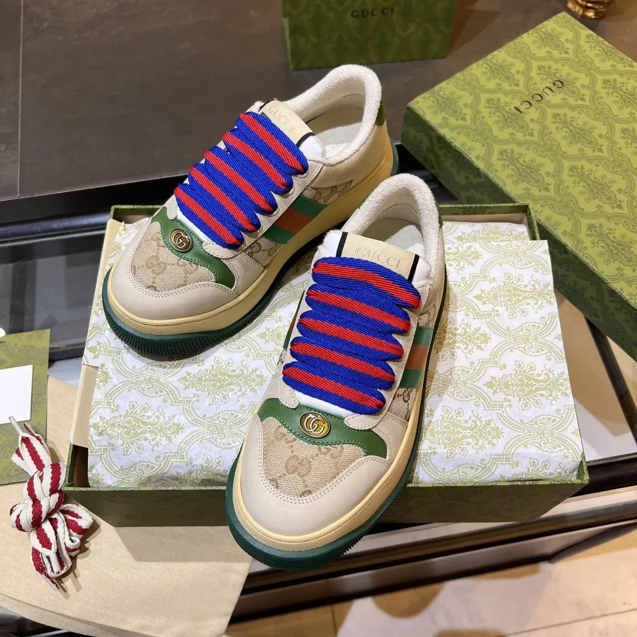 Gucci Screener Beige Green Red Blue Web Stripe Lifestyle Sneakers 3