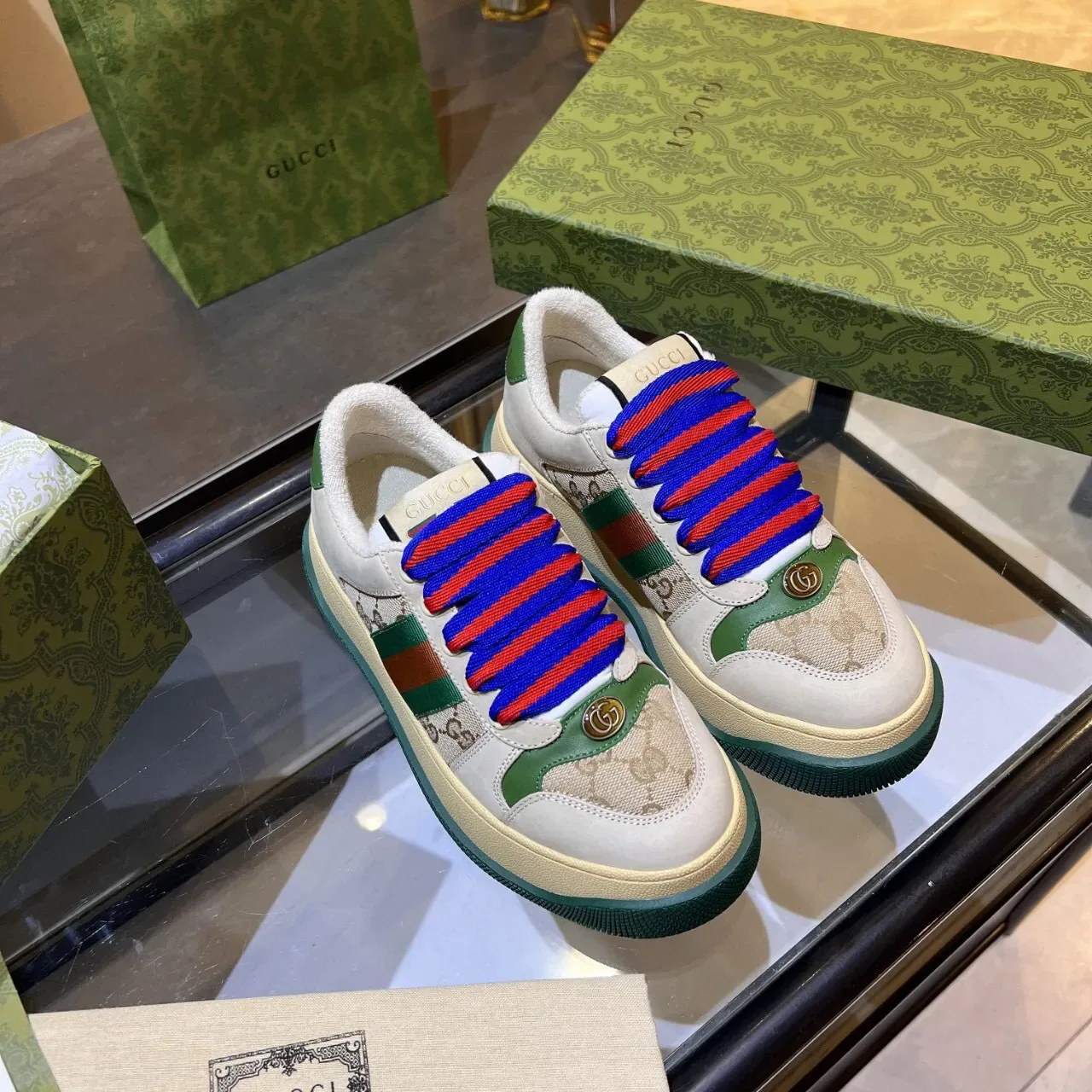 Gucci Screener Beige Green Red Blue Web Stripe Lifestyle Sneakers 4