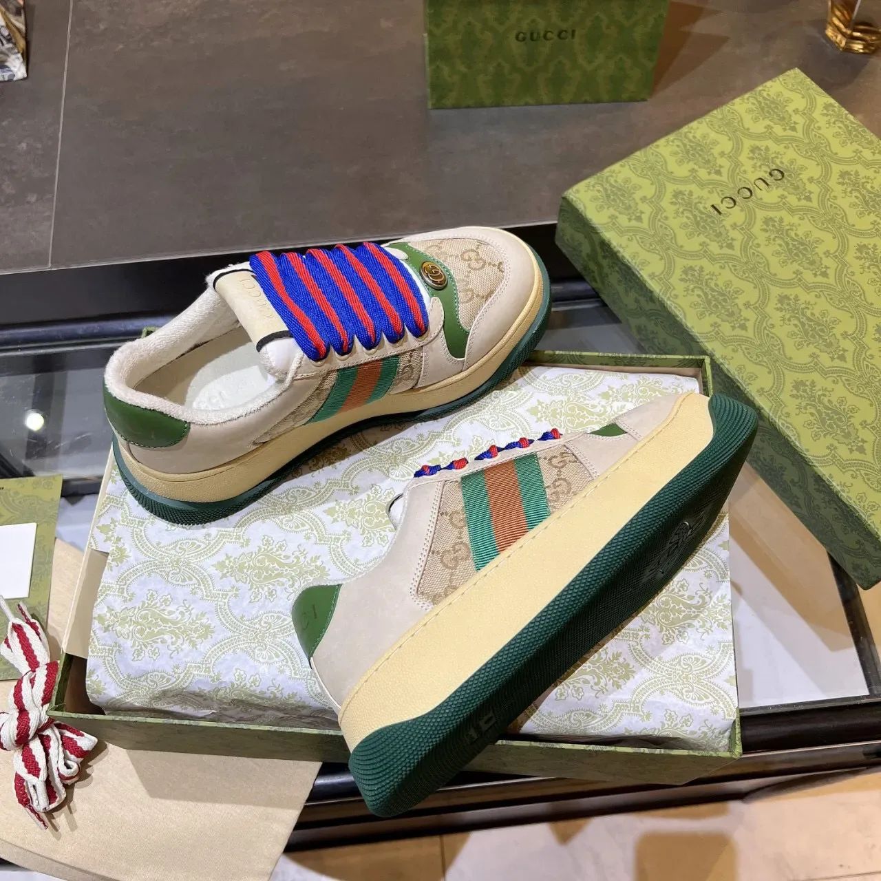 Gucci Screener Beige Green Red Blue Web Stripe Lifestyle Sneakers 6